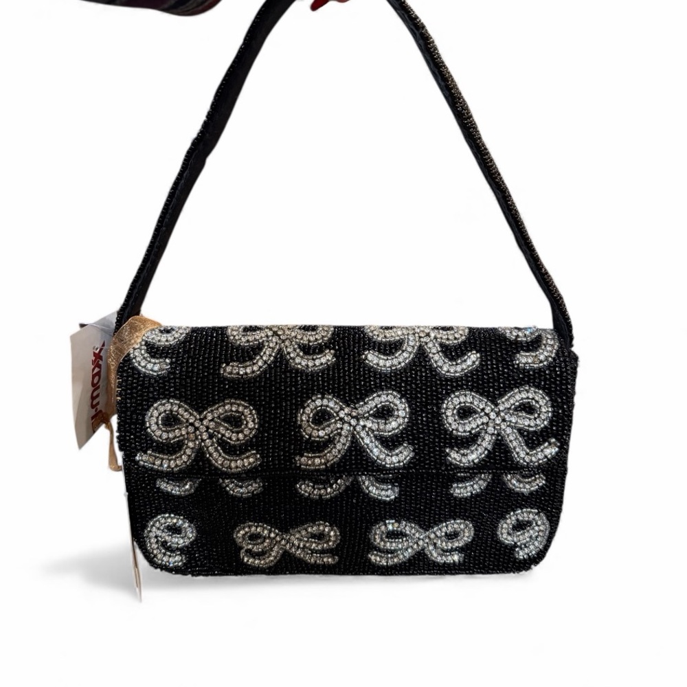 From India to You Black and Rhinestone Beaded Ribbon Handbag